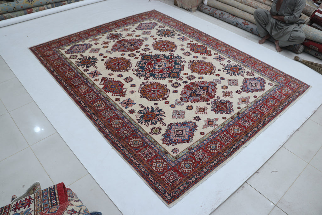 8x10Beige & Red Super Kazak Geometric Handmade Cotton & Wool Rug | Premium Luxury Area Rug