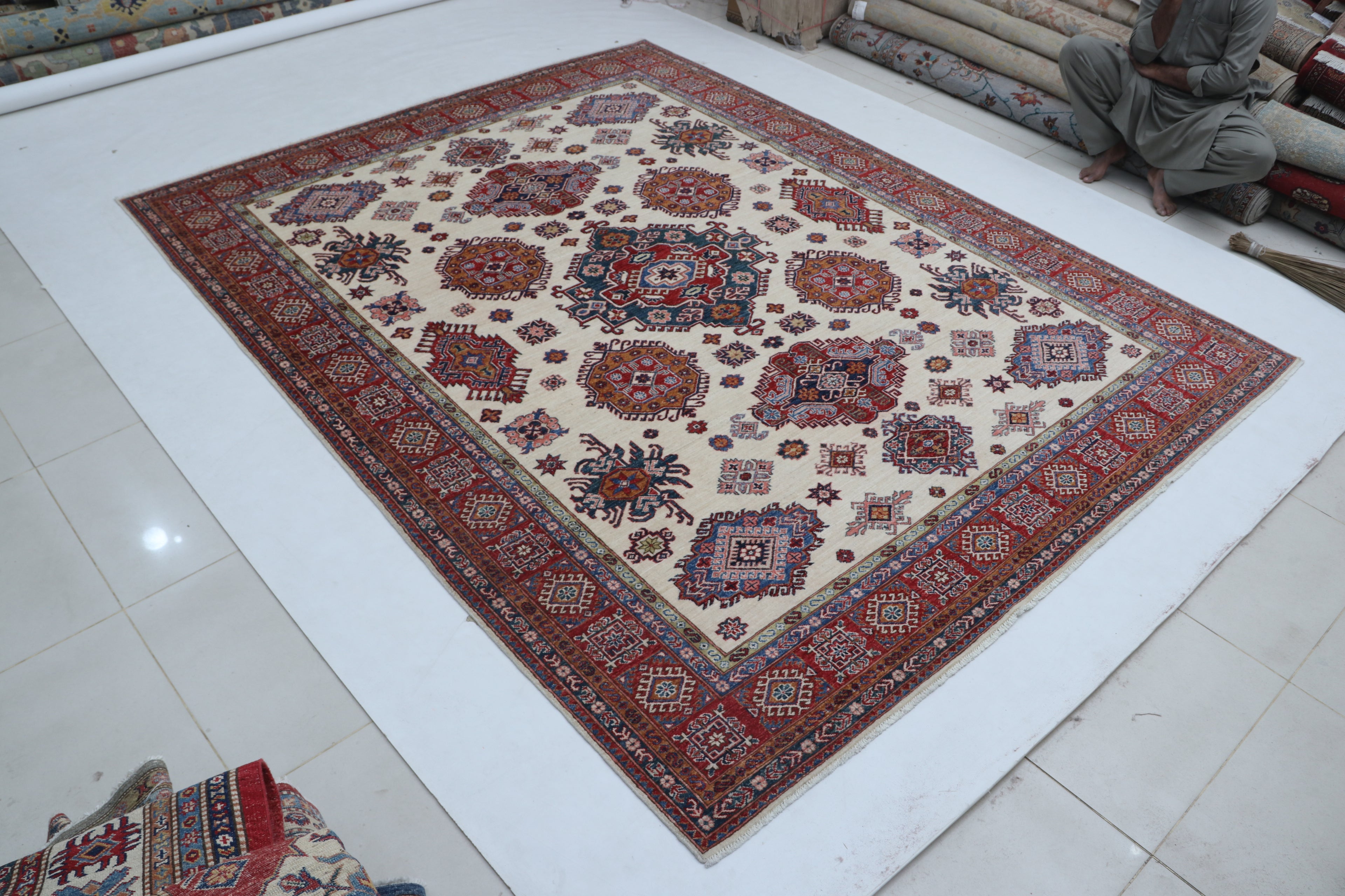 8x10Beige & Red Super Kazak Geometric Handmade Cotton & Wool Rug | Premium Luxury Area Rug