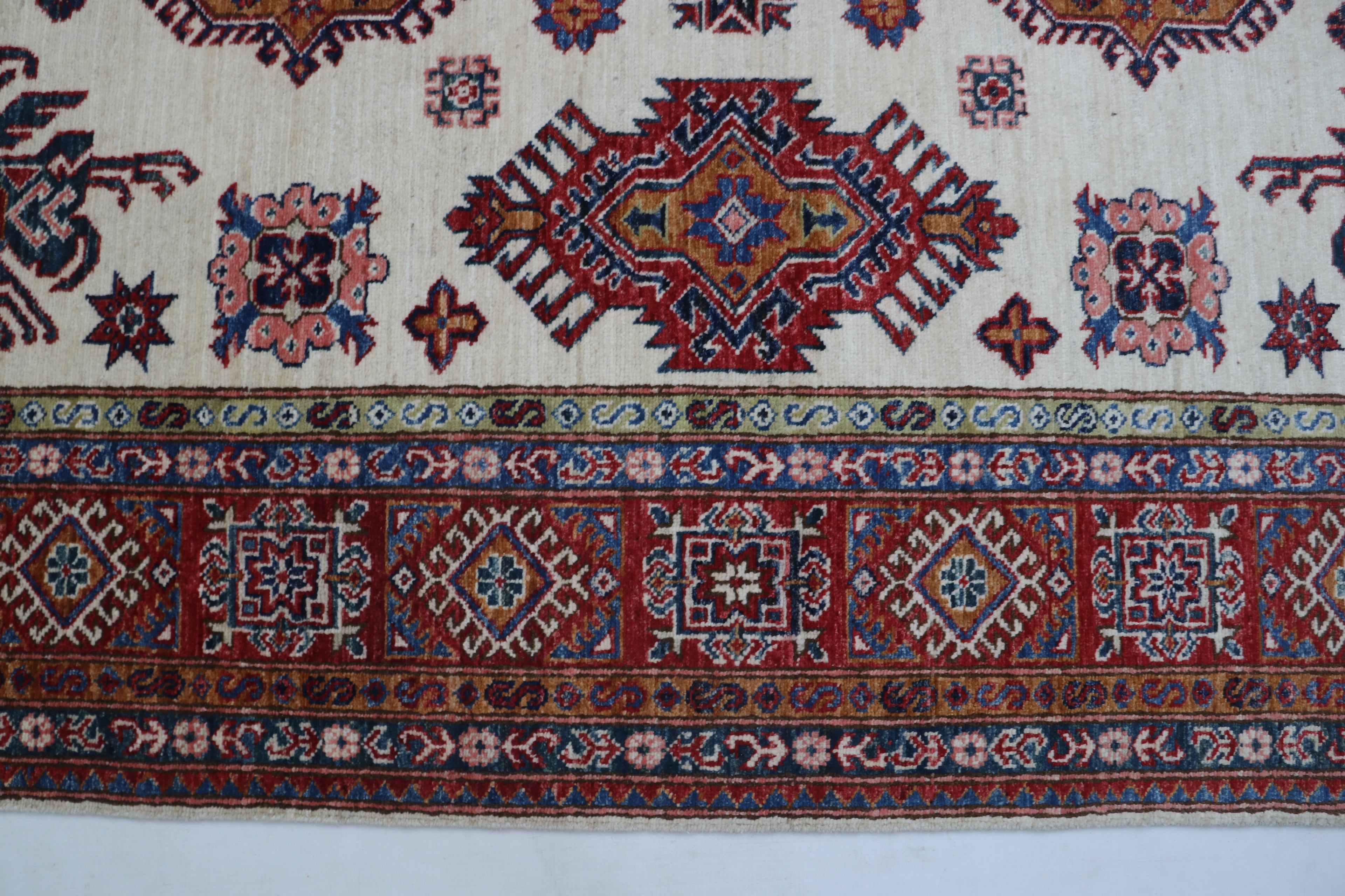 8x10Beige & Red Super Kazak Geometric Handmade Cotton & Wool Rug | Premium Luxury Area Rug