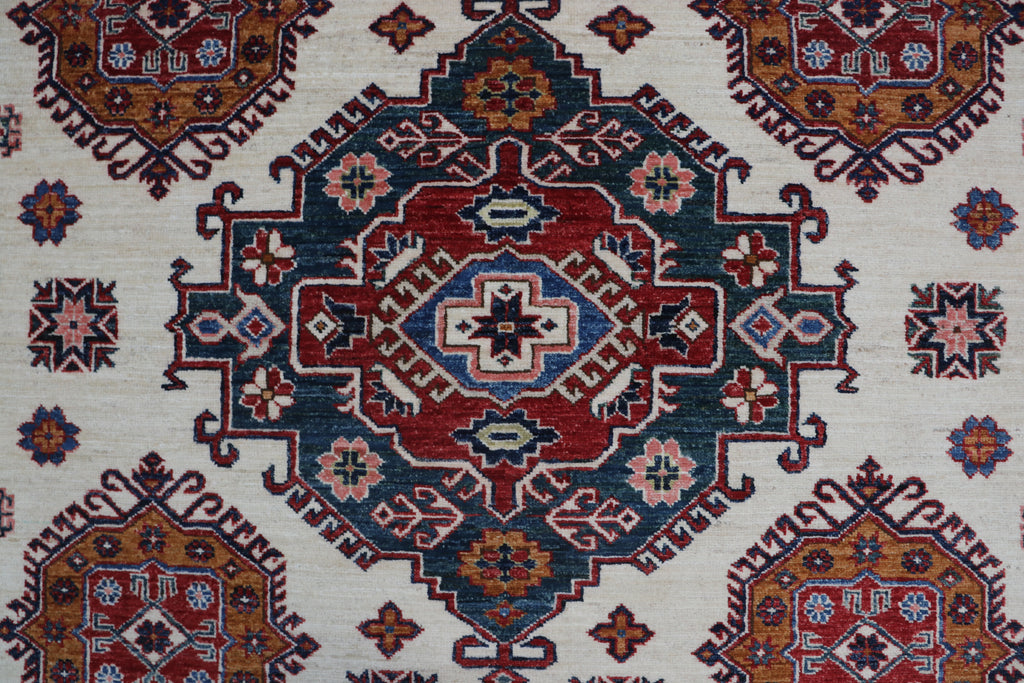 8x10Beige & Red Super Kazak Geometric Handmade Cotton & Wool Rug | Premium Luxury Area Rug