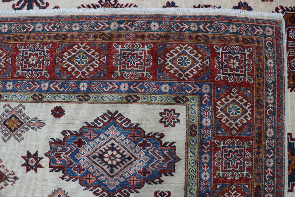 8x10Beige & Red Super Kazak Geometric Handmade Cotton & Wool Rug | Premium Luxury Area Rug