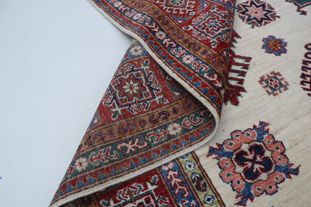 8x10Beige & Red Super Kazak Geometric Handmade Cotton & Wool Rug | Premium Luxury Area Rug