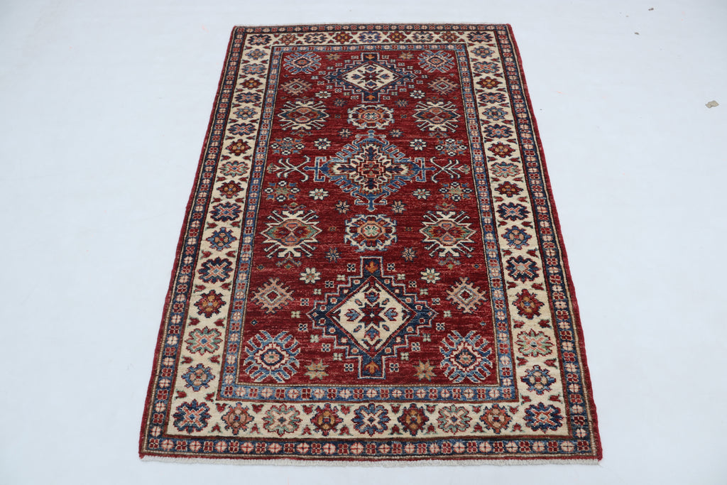 3x5 Super Kazak Geometric Area Rug | Handmade Cotton & Wool Rug | Vegetable Dyed