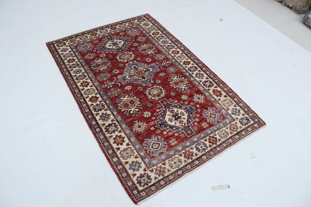 3x5 Super Kazak Geometric Area Rug | Handmade Cotton & Wool Rug | Vegetable Dyed