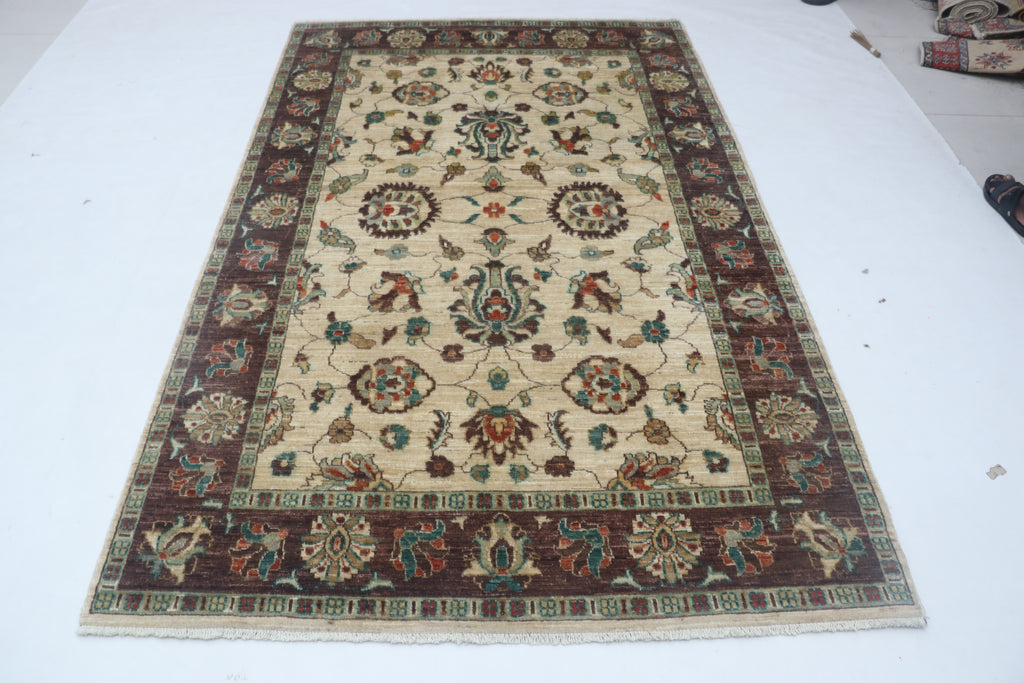 5x8 Beige & Brown Chobi Area Rug | Handmade Wool & Cotton Floral Rug | Luxury Chobi Rug