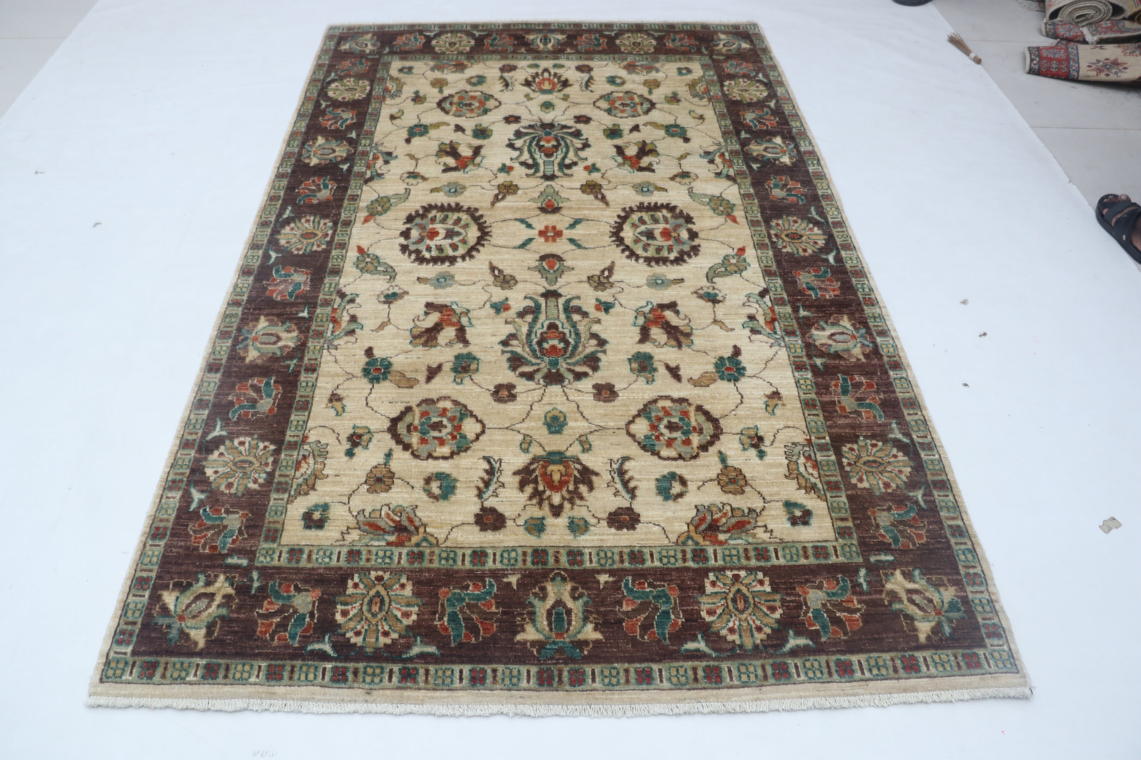 5x8 Beige & Brown Chobi Area Rug | Handmade Wool & Cotton Floral Rug | Luxury Chobi Rug