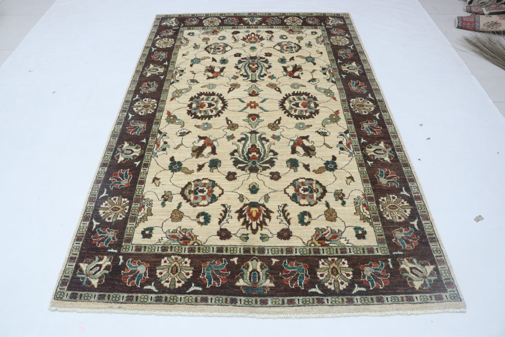 5x8 Beige & Brown Chobi Area Rug | Handmade Wool & Cotton Floral Rug | Vegetable Dyed
