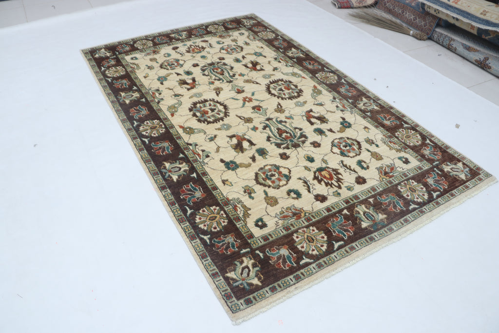 5x8 Beige & Brown Chobi Area Rug | Handmade Wool & Cotton Floral Rug | Vegetable Dyed