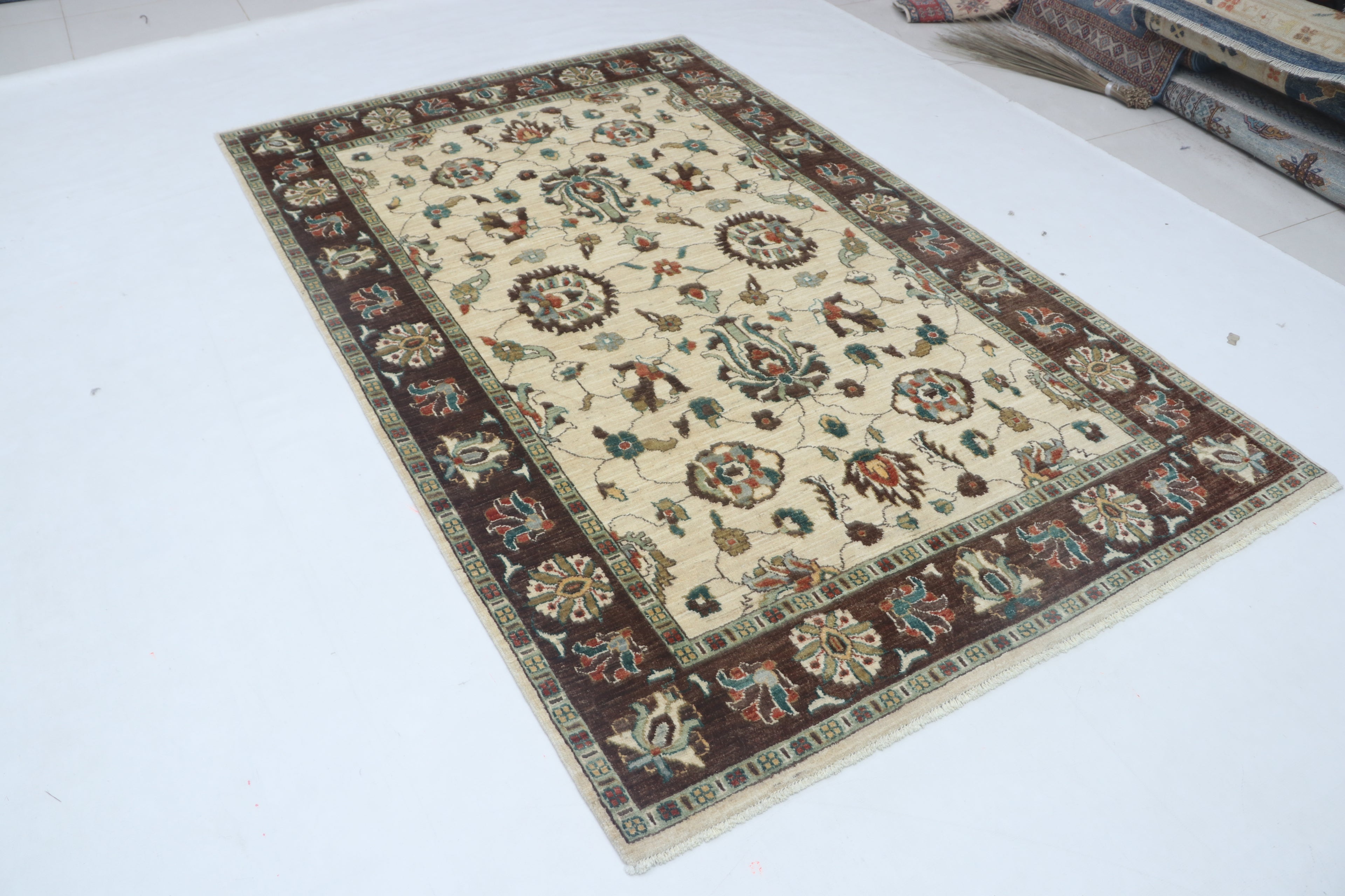 5x8 Beige & Brown Chobi Area Rug | Handmade Wool & Cotton Floral Rug | Vegetable Dyed
