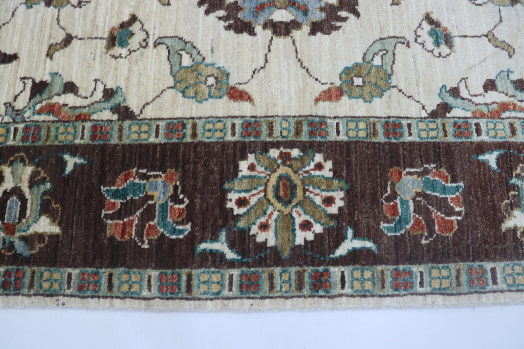 5x8 Beige & Brown Chobi Area Rug | Handmade Wool & Cotton Floral Rug | Vegetable Dyed