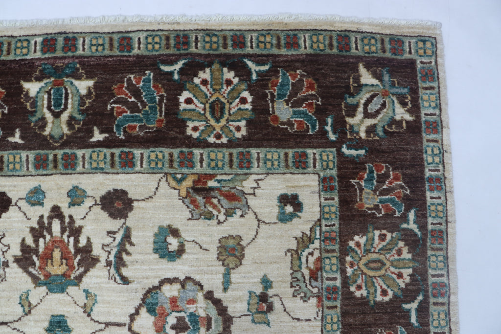 5x8 Beige & Brown Chobi Area Rug | Handmade Wool & Cotton Floral Rug | Vegetable Dyed