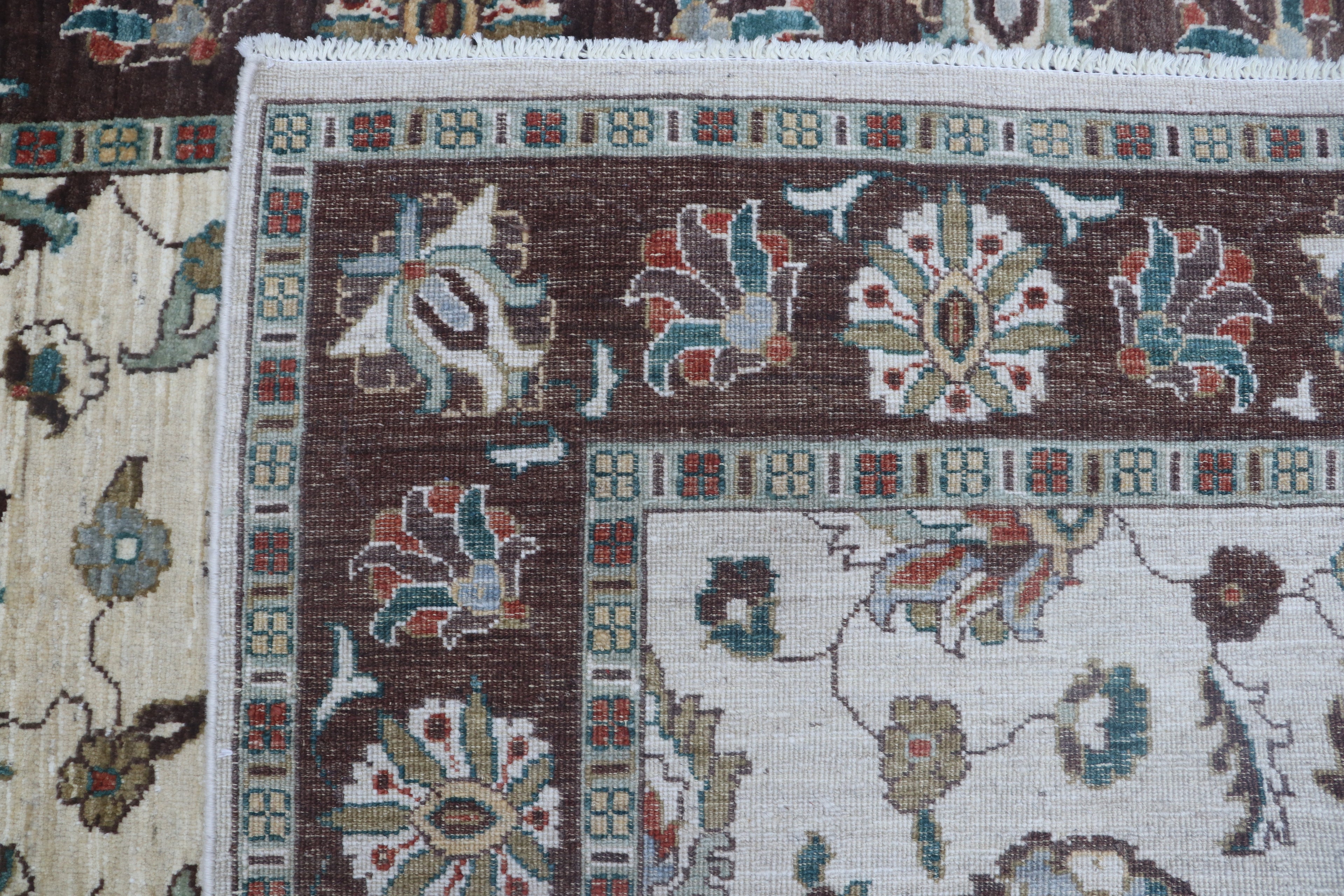 5x8 Beige & Brown Chobi Area Rug | Handmade Wool & Cotton Floral Rug | Vegetable Dyed