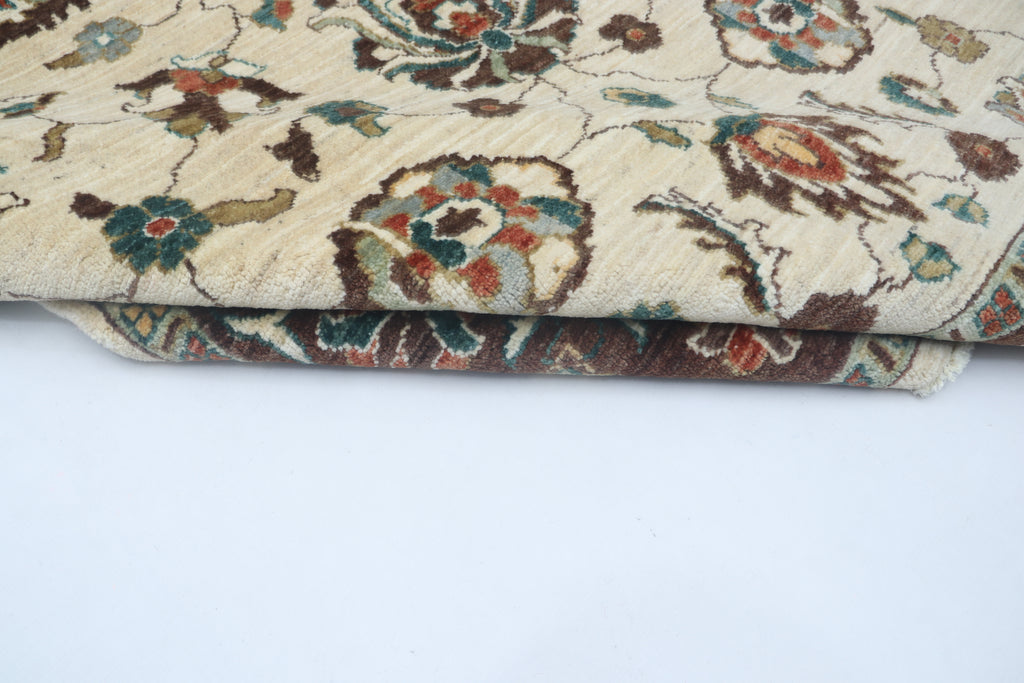5x8 Beige & Brown Chobi Area Rug | Handmade Wool & Cotton Floral Rug | Vegetable Dyed