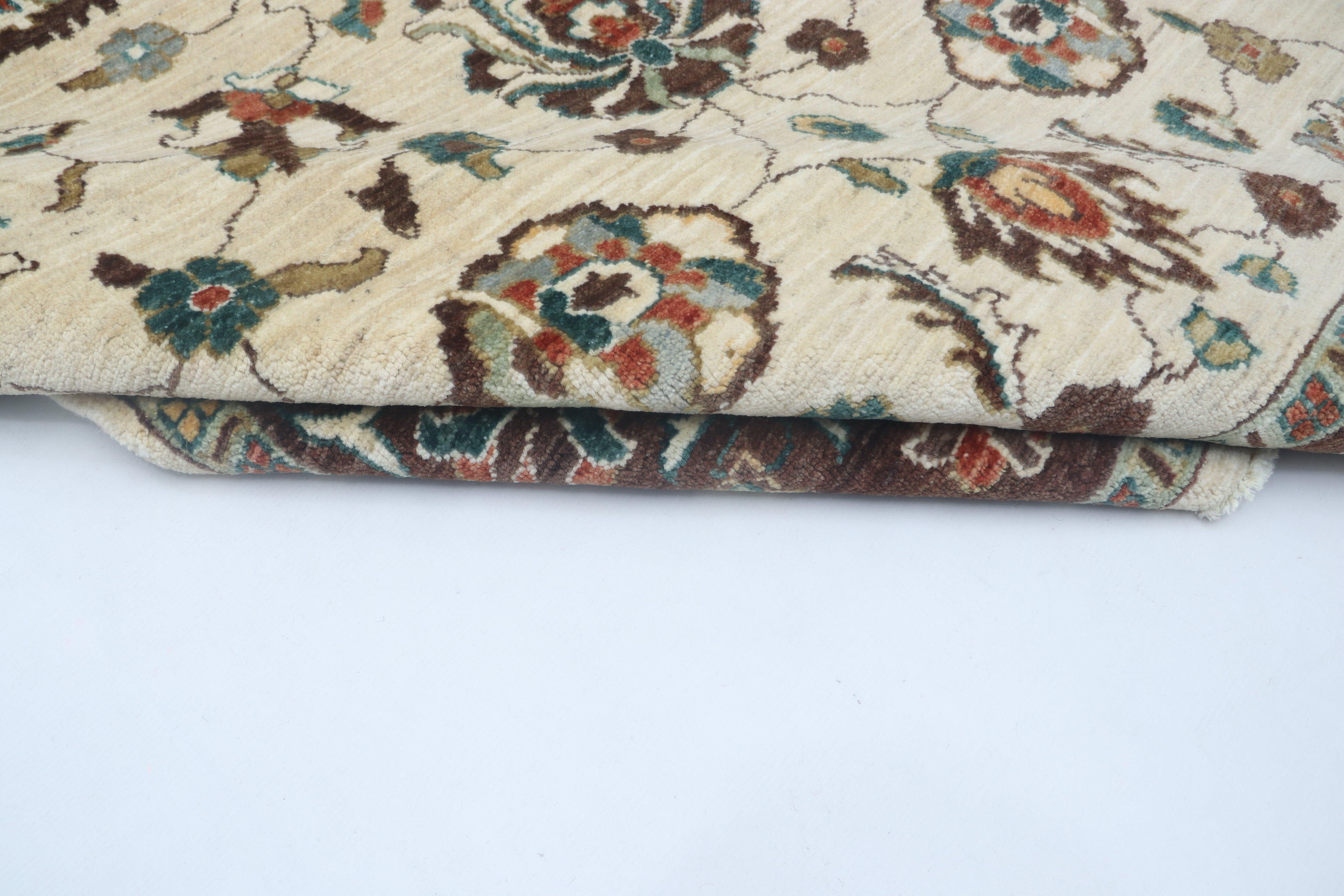 5x8 Beige & Brown Chobi Area Rug | Handmade Wool & Cotton Floral Rug | Vegetable Dyed