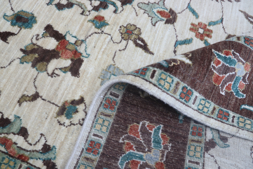 5x8 Beige & Brown Chobi Area Rug | Handmade Wool & Cotton Floral Rug | Vegetable Dyed