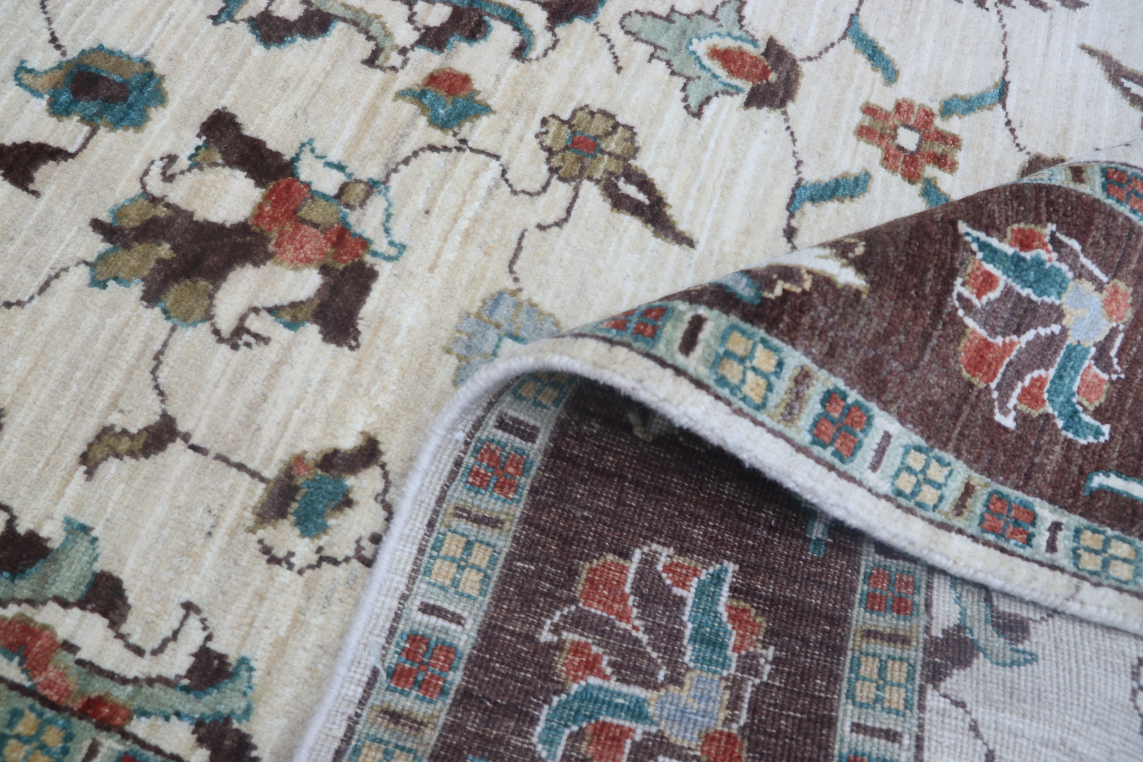 5x8 Beige & Brown Chobi Area Rug | Handmade Wool & Cotton Floral Rug | Vegetable Dyed