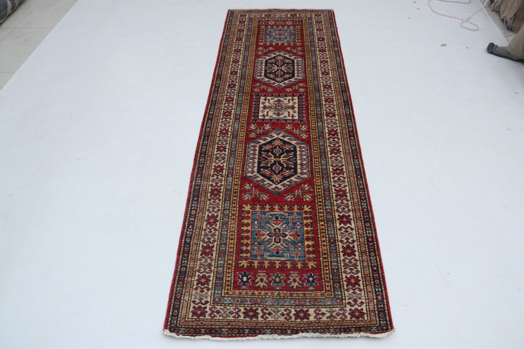 3x8 Beige & Red Super Kazak Geometric Handmade Cotton & Wool Runner Rug | Premium Luxury Runner Rug