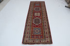 3x8 Beige & Red Super Kazak Geometric Handmade Cotton & Wool Runner Rug | Premium Luxury Runner Rug