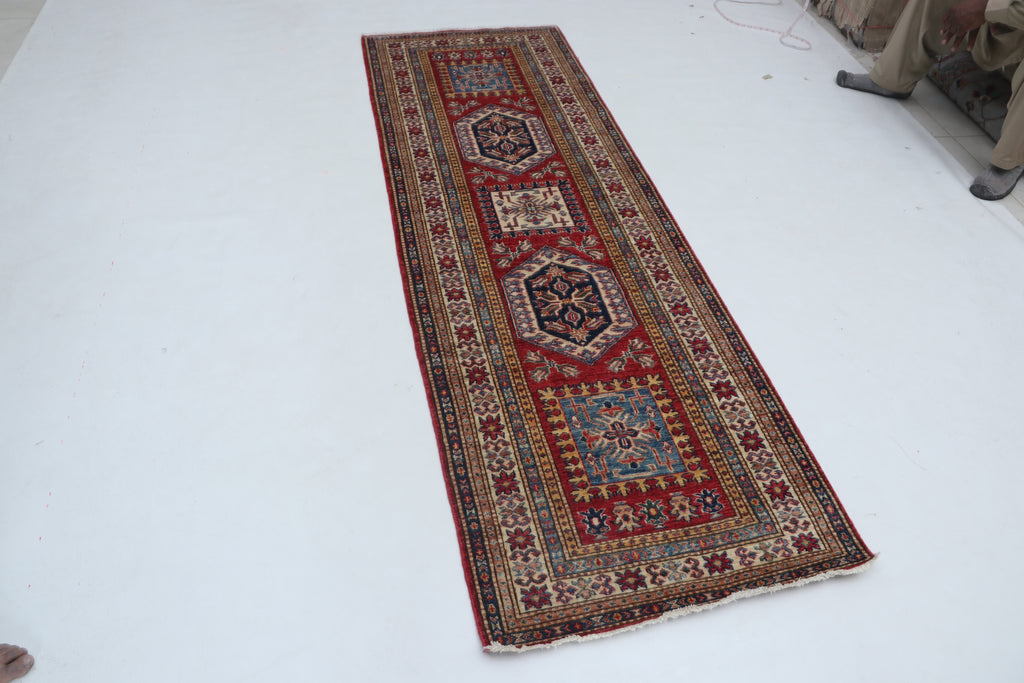 3x8 Beige & Red Super Kazak Geometric Handmade Cotton & Wool Runner Rug | Premium Luxury Runner Rug