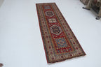 3x8 Beige & Red Super Kazak Geometric Handmade Cotton & Wool Runner Rug | Premium Luxury Runner Rug