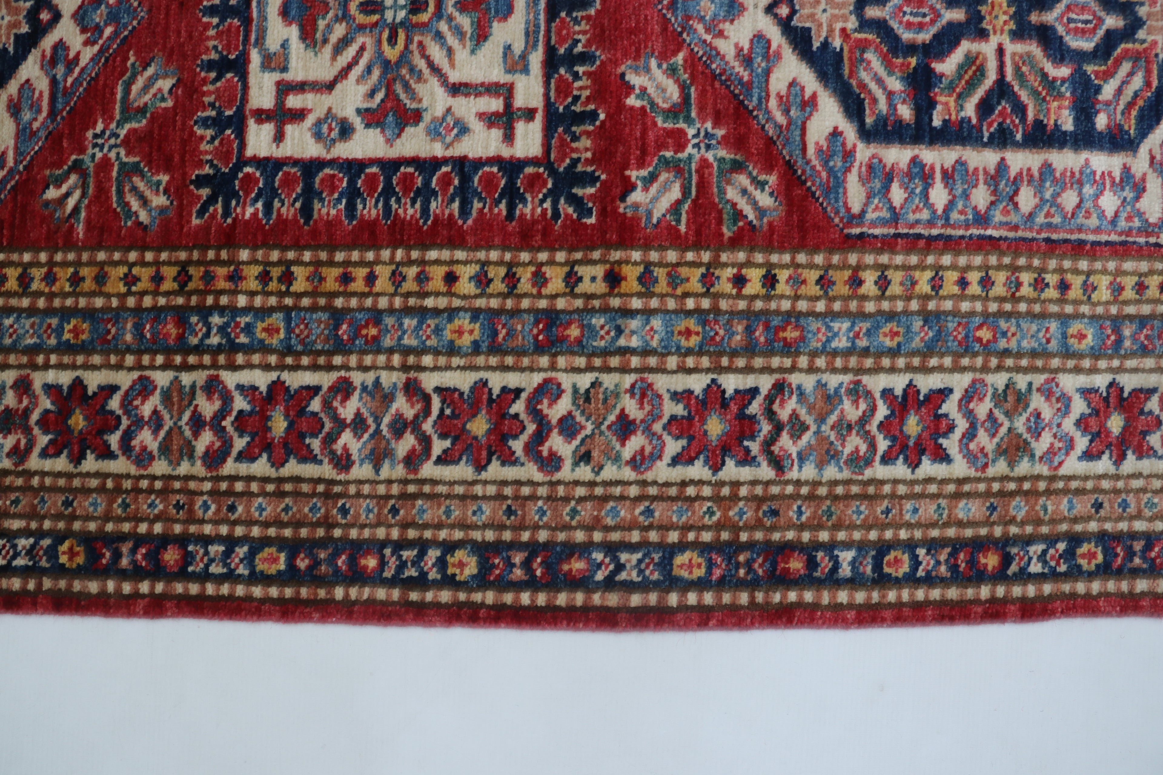 3x8 Beige & Red Super Kazak Geometric Handmade Cotton & Wool Runner Rug | Premium Luxury Runner Rug