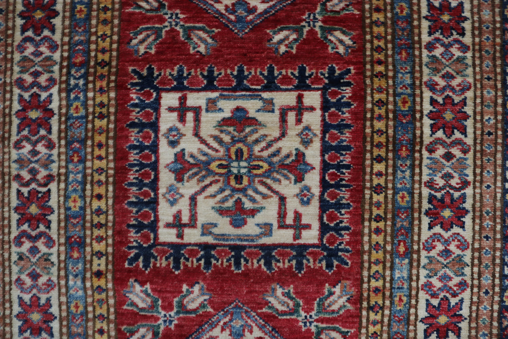 3x8 Beige & Red Super Kazak Geometric Handmade Cotton & Wool Runner Rug | Premium Luxury Runner Rug