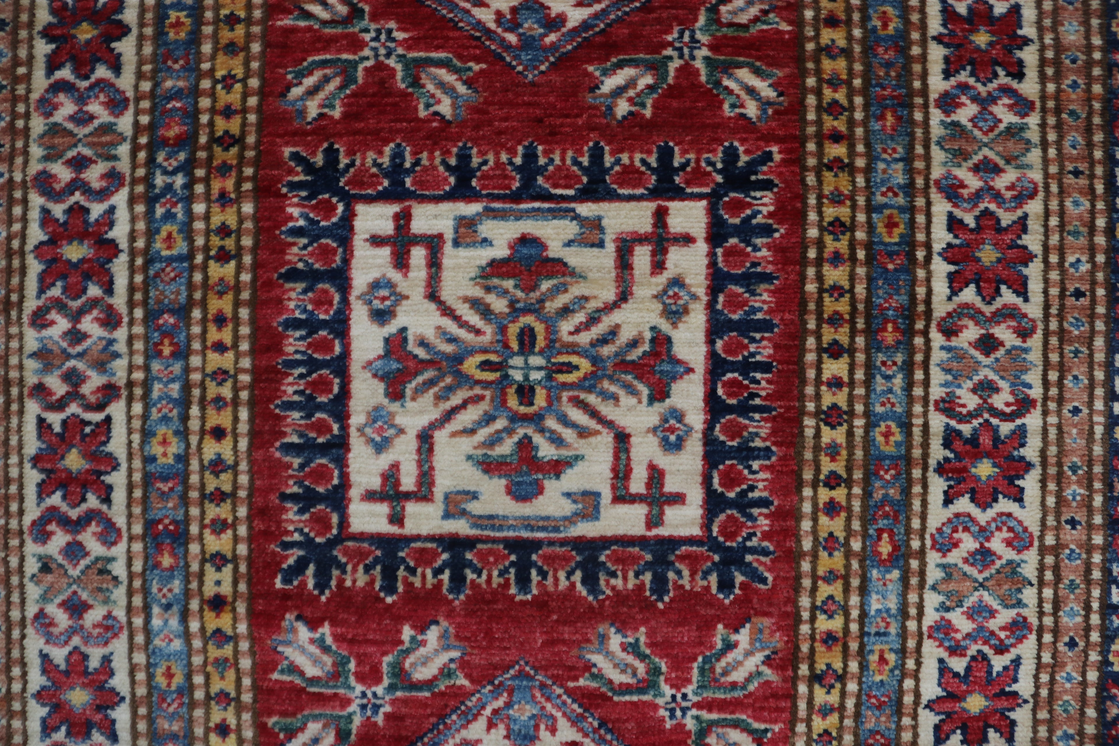 3x8 Beige & Red Super Kazak Geometric Handmade Cotton & Wool Runner Rug | Premium Luxury Runner Rug