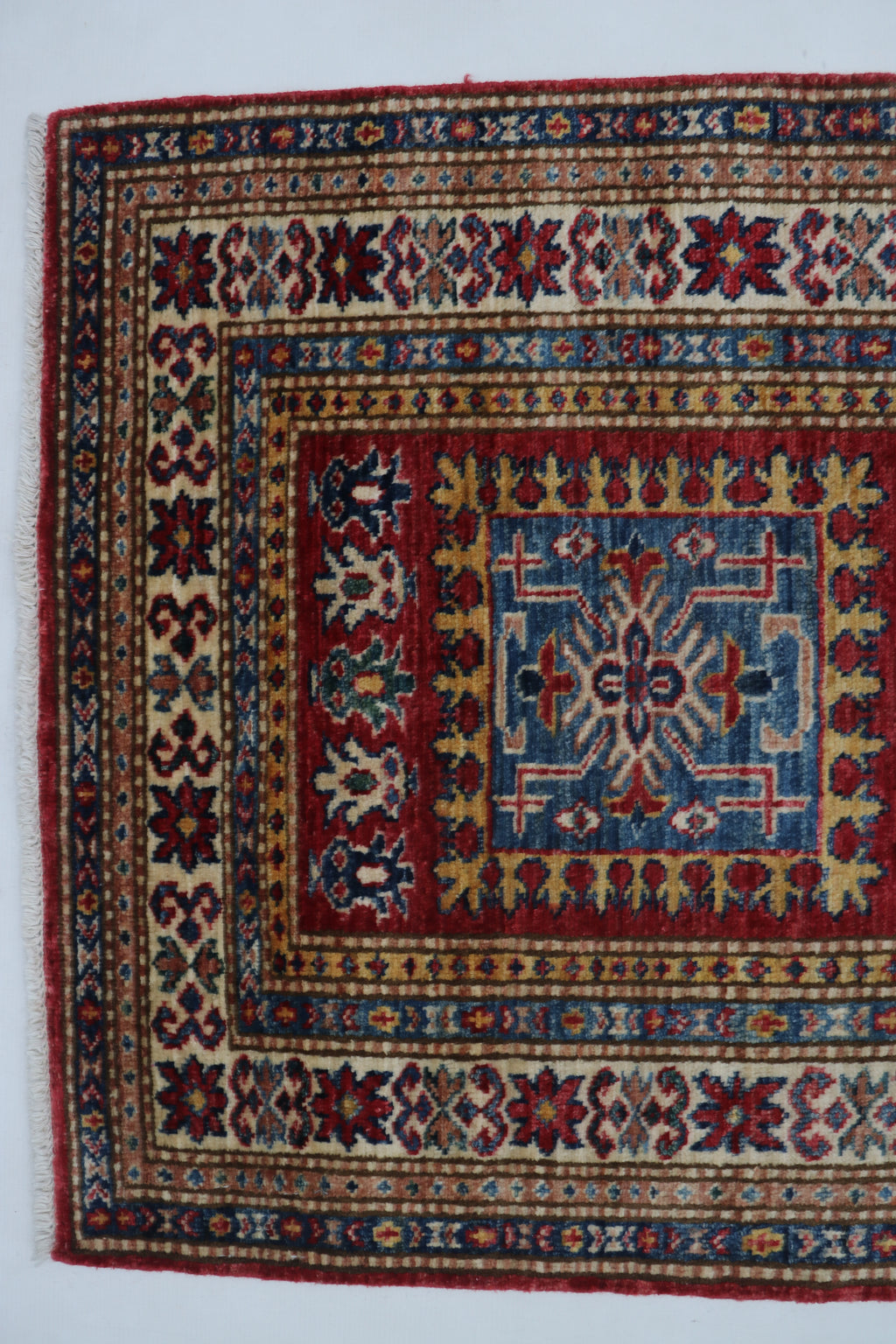 3x8 Beige & Red Super Kazak Geometric Handmade Cotton & Wool Runner Rug | Premium Luxury Runner Rug