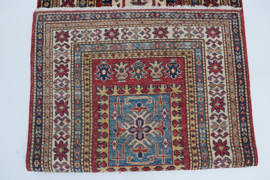 3x8 Beige & Red Super Kazak Geometric Handmade Cotton & Wool Runner Rug | Premium Luxury Runner Rug