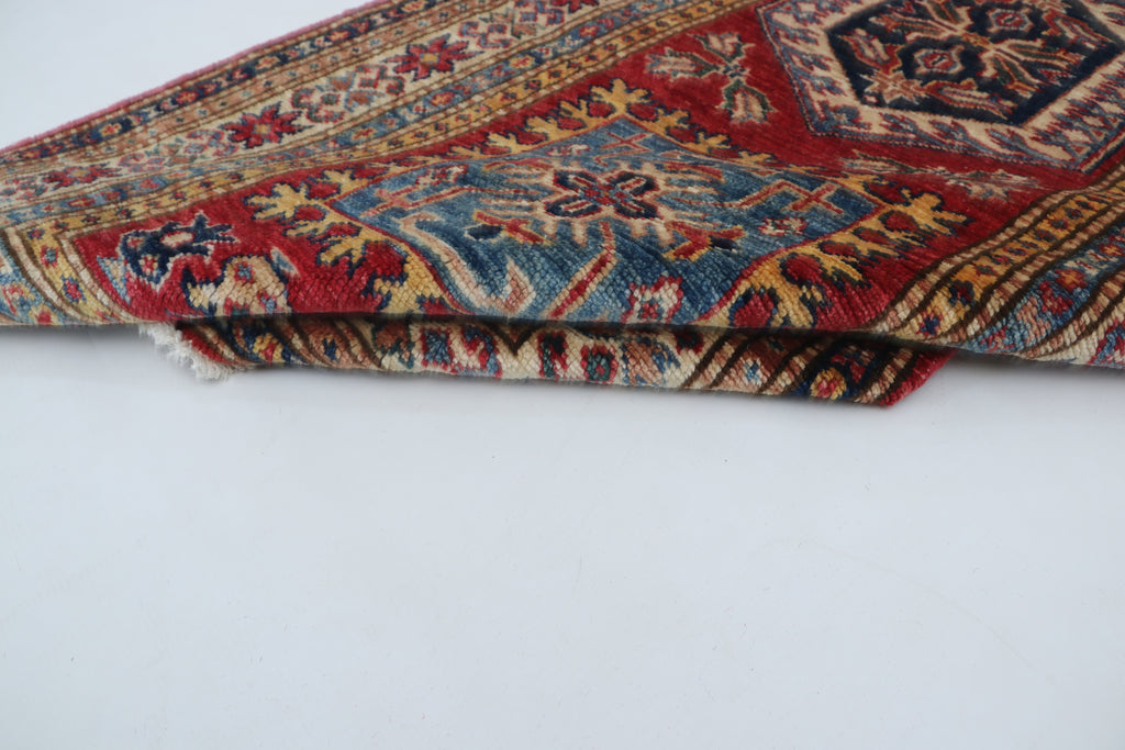 3x8 Beige & Red Super Kazak Geometric Handmade Cotton & Wool Runner Rug | Premium Luxury Runner Rug