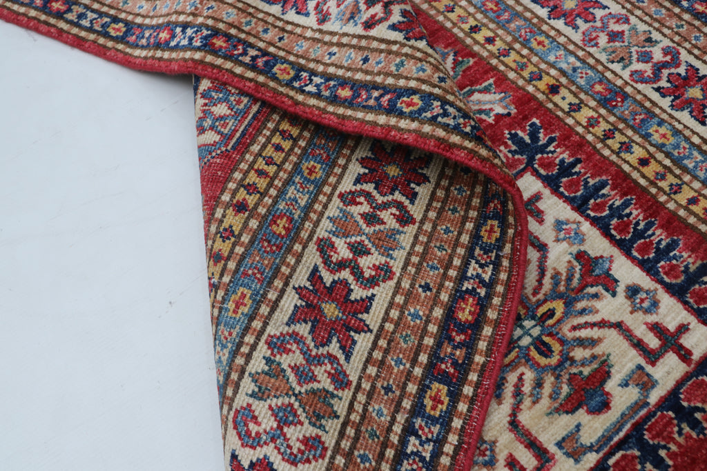 3x8 Beige & Red Super Kazak Geometric Handmade Cotton & Wool Runner Rug | Premium Luxury Runner Rug