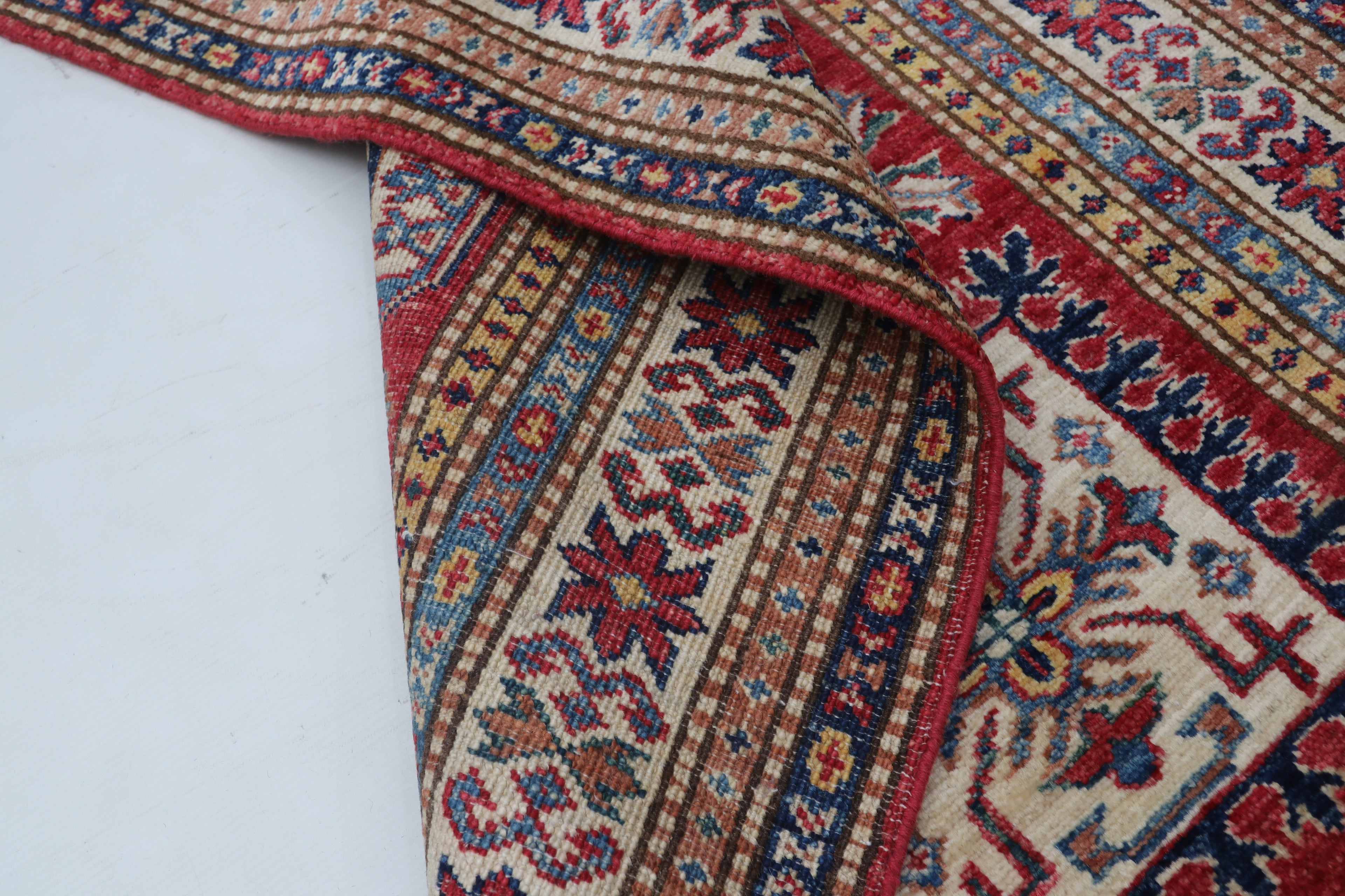 3x8 Beige & Red Super Kazak Geometric Handmade Cotton & Wool Runner Rug | Premium Luxury Runner Rug