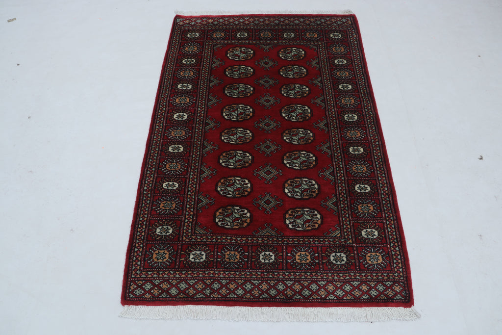 Red Mori Bokhara handmade geometric cotton and wool rug