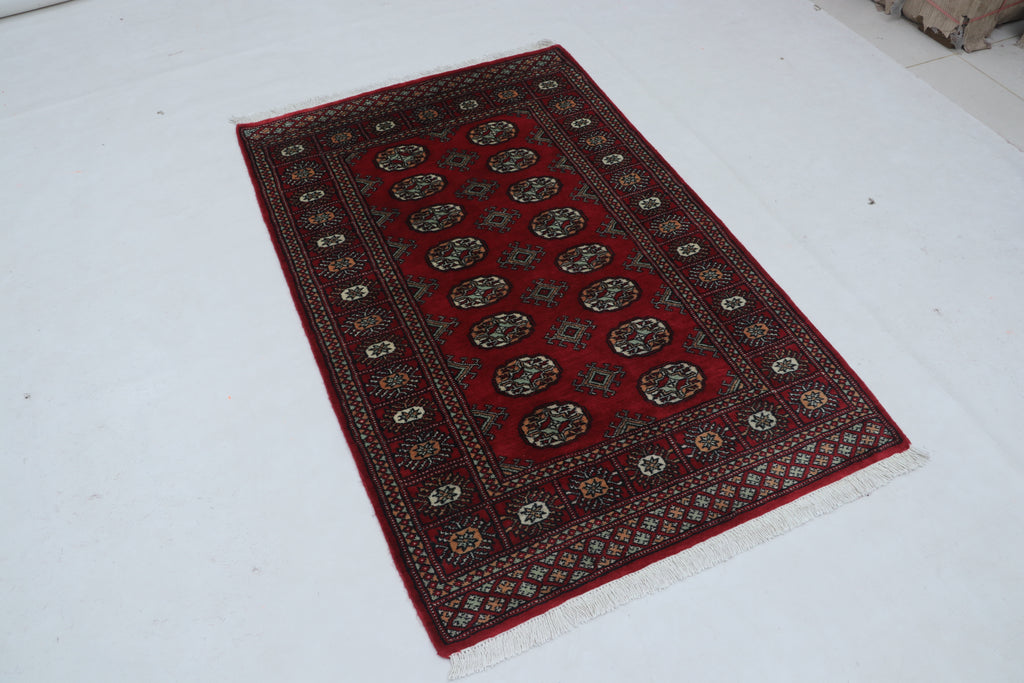 3x5 Red Mori Bokhara Geometric Handmade Cotton & Wool Rug | Premium Luxury Area Rug
