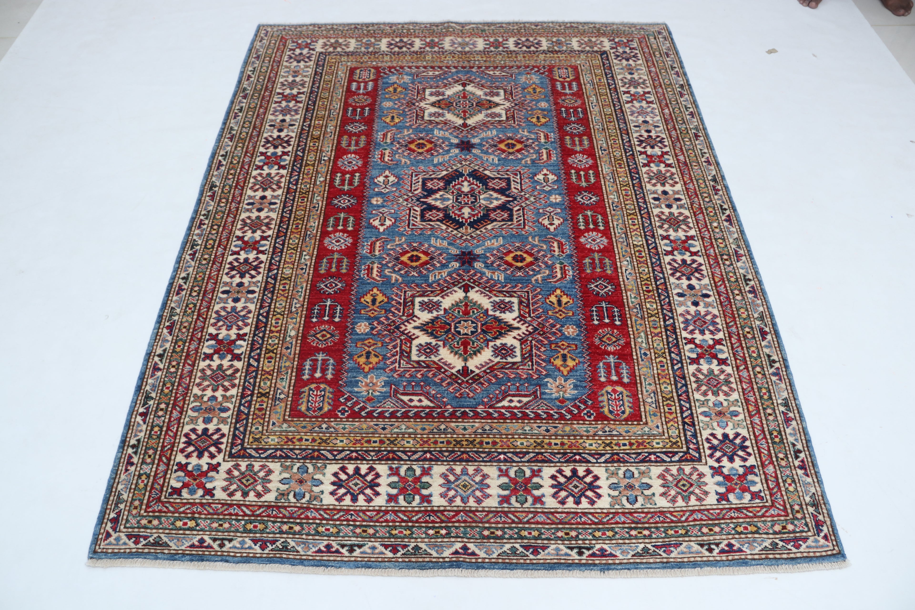5x6 Super Kazak Geometric Area Rug | Handmade Cotton & Wool Rug | Vegetable Dyed