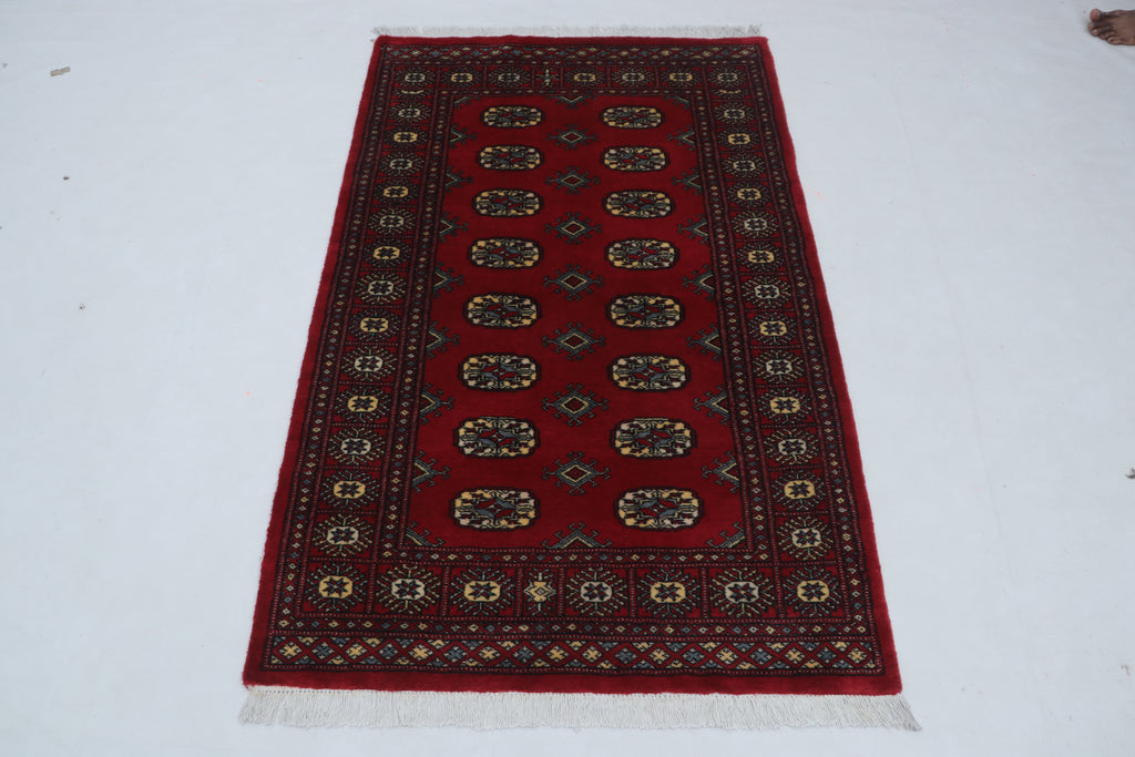 Red Mori Bokhara handmade geometric cotton and wool rug