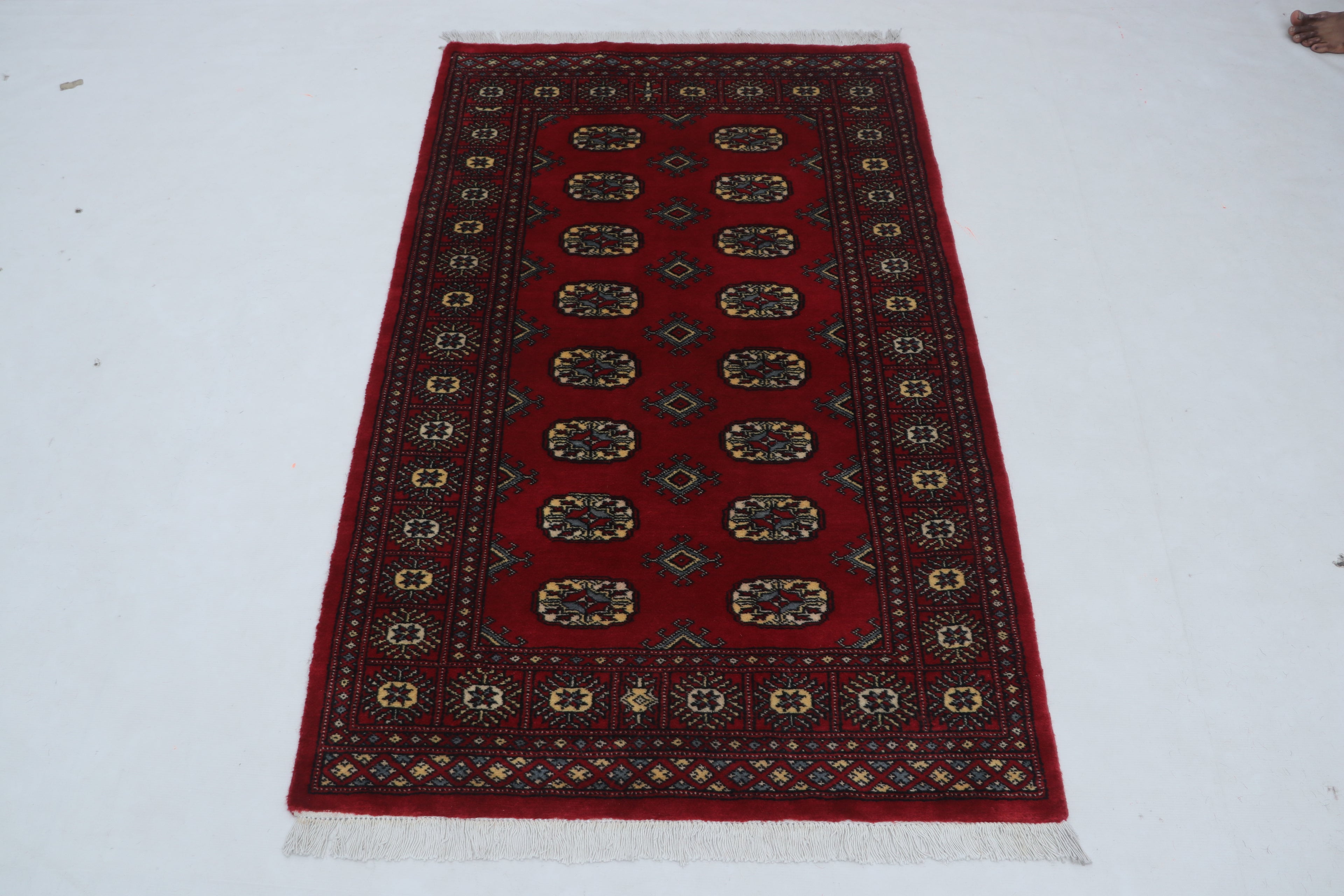 Red Mori Bokhara handmade geometric cotton and wool rug