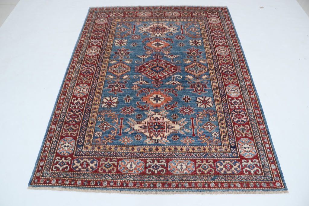 5x6 Blue & Red Super Kazak Geometric Handmade Cotton & Wool Rug | Premium Luxury Area Rug