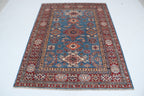 5x6 Blue & Red Super Kazak Geometric Handmade Cotton & Wool Rug | Premium Luxury Area Rug