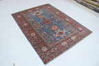 5x6 Blue & Red Super Kazak Geometric Handmade Cotton & Wool Rug | Premium Luxury Area Rug