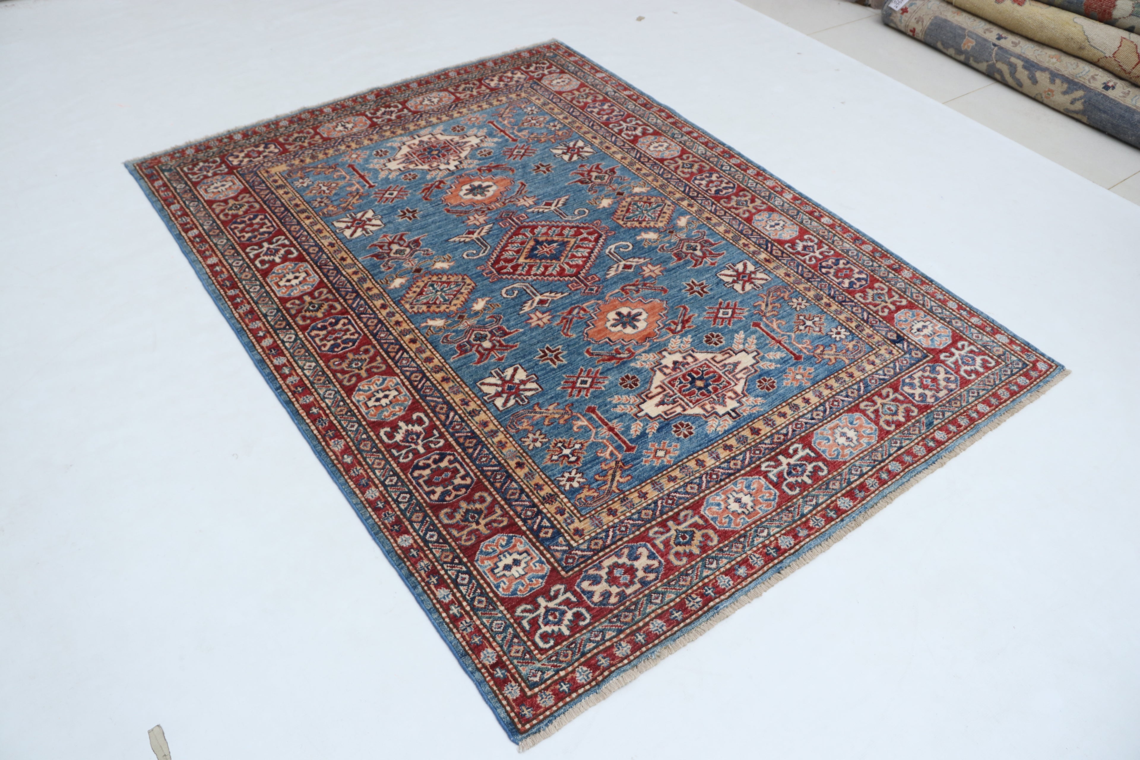 5x6 Blue & Red Super Kazak Geometric Handmade Cotton & Wool Rug | Premium Luxury Area Rug