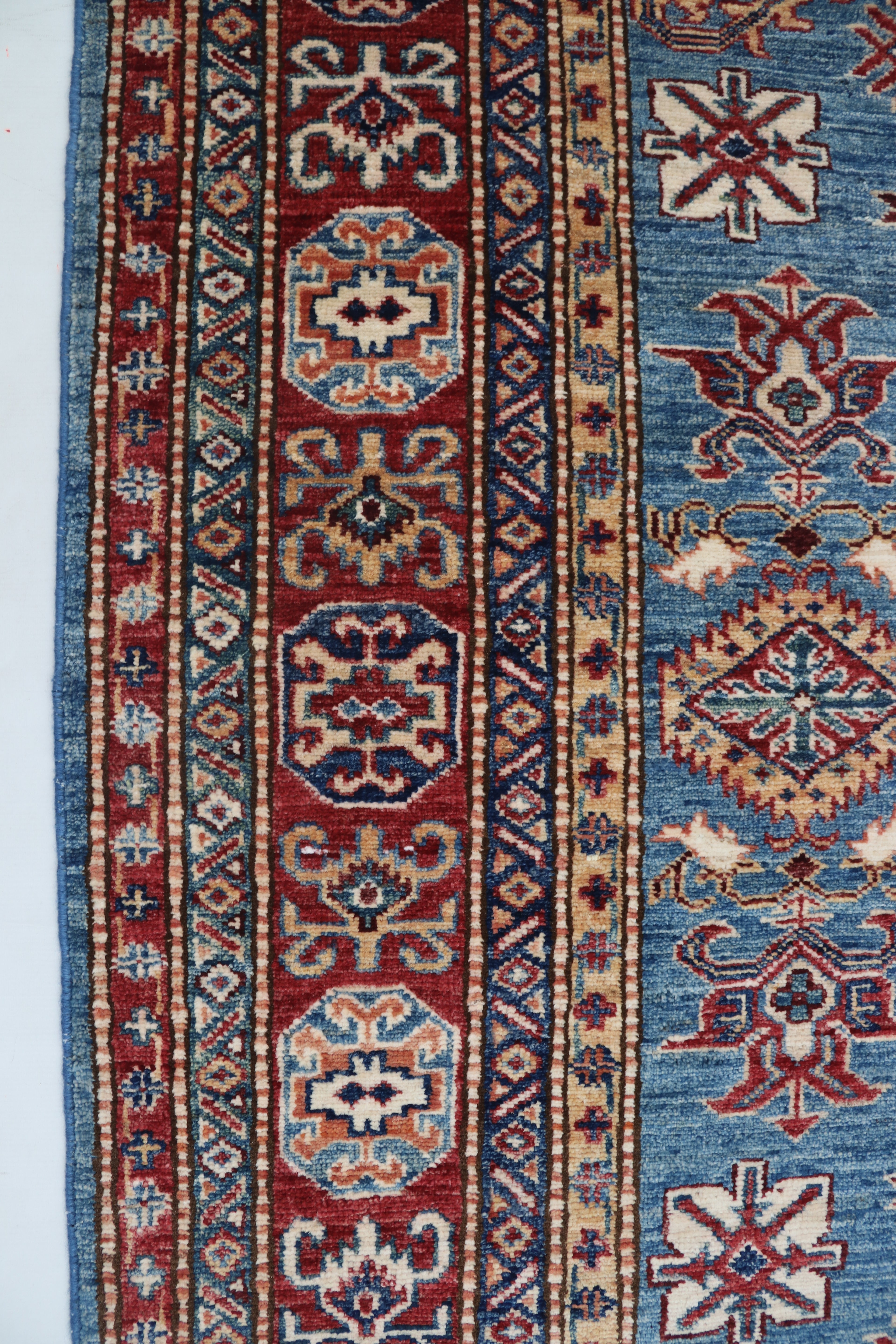 5x6 Blue & Red Super Kazak Geometric Handmade Cotton & Wool Rug | Premium Luxury Area Rug