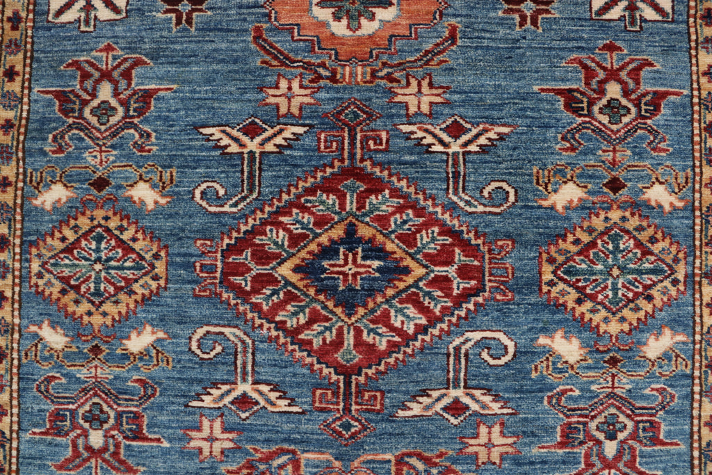 5x6 Blue & Red Super Kazak Geometric Handmade Cotton & Wool Rug | Premium Luxury Area Rug
