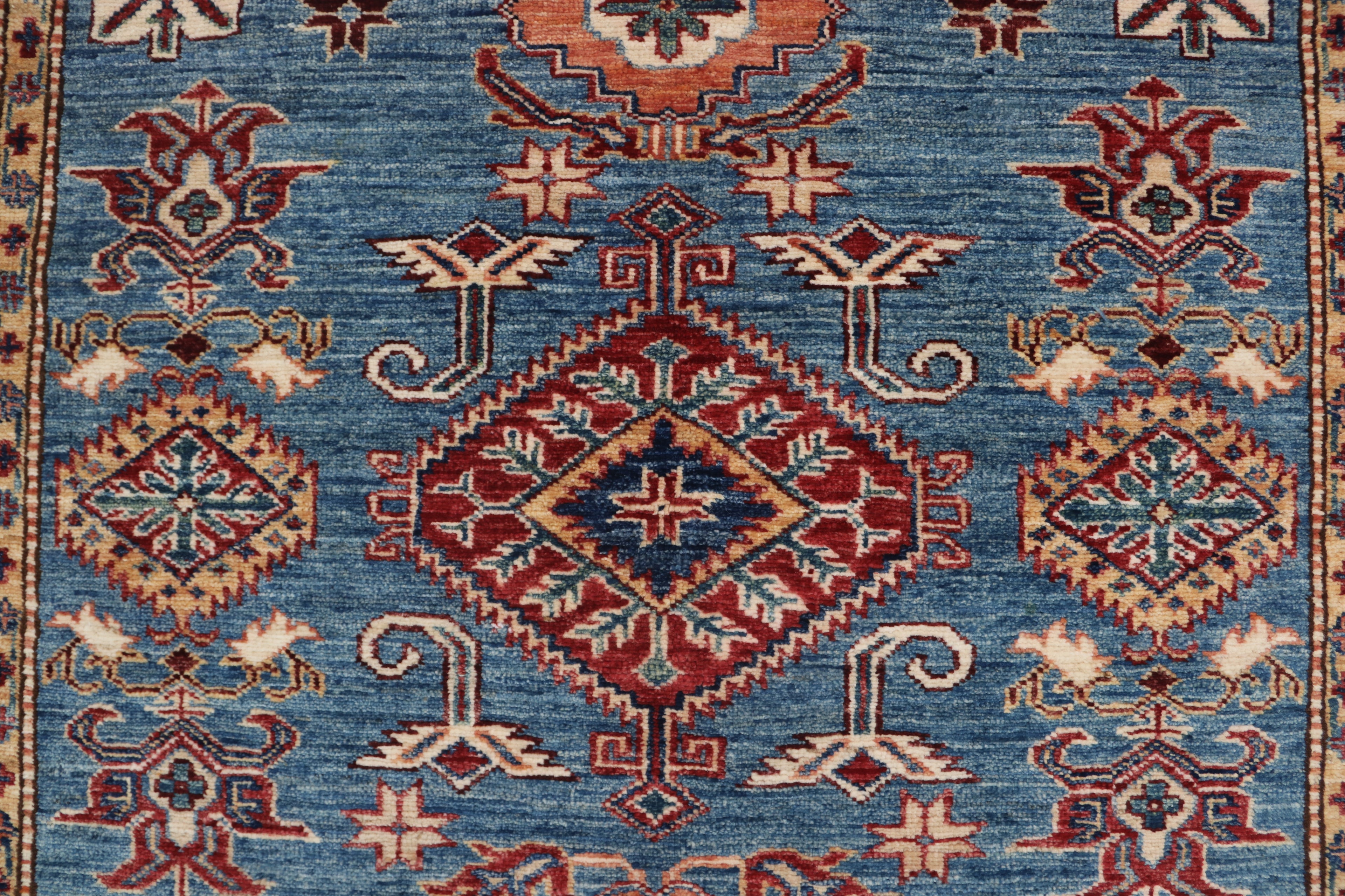 5x6 Blue & Red Super Kazak Geometric Handmade Cotton & Wool Rug | Premium Luxury Area Rug