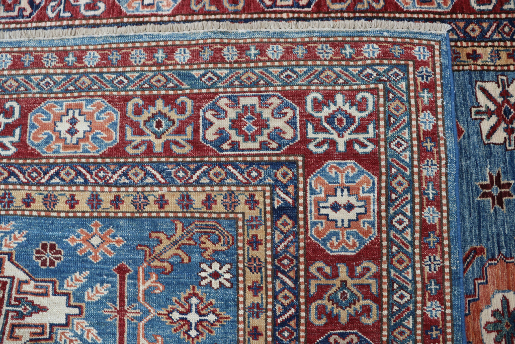5x6 Blue & Red Super Kazak Geometric Handmade Cotton & Wool Rug | Premium Luxury Area Rug