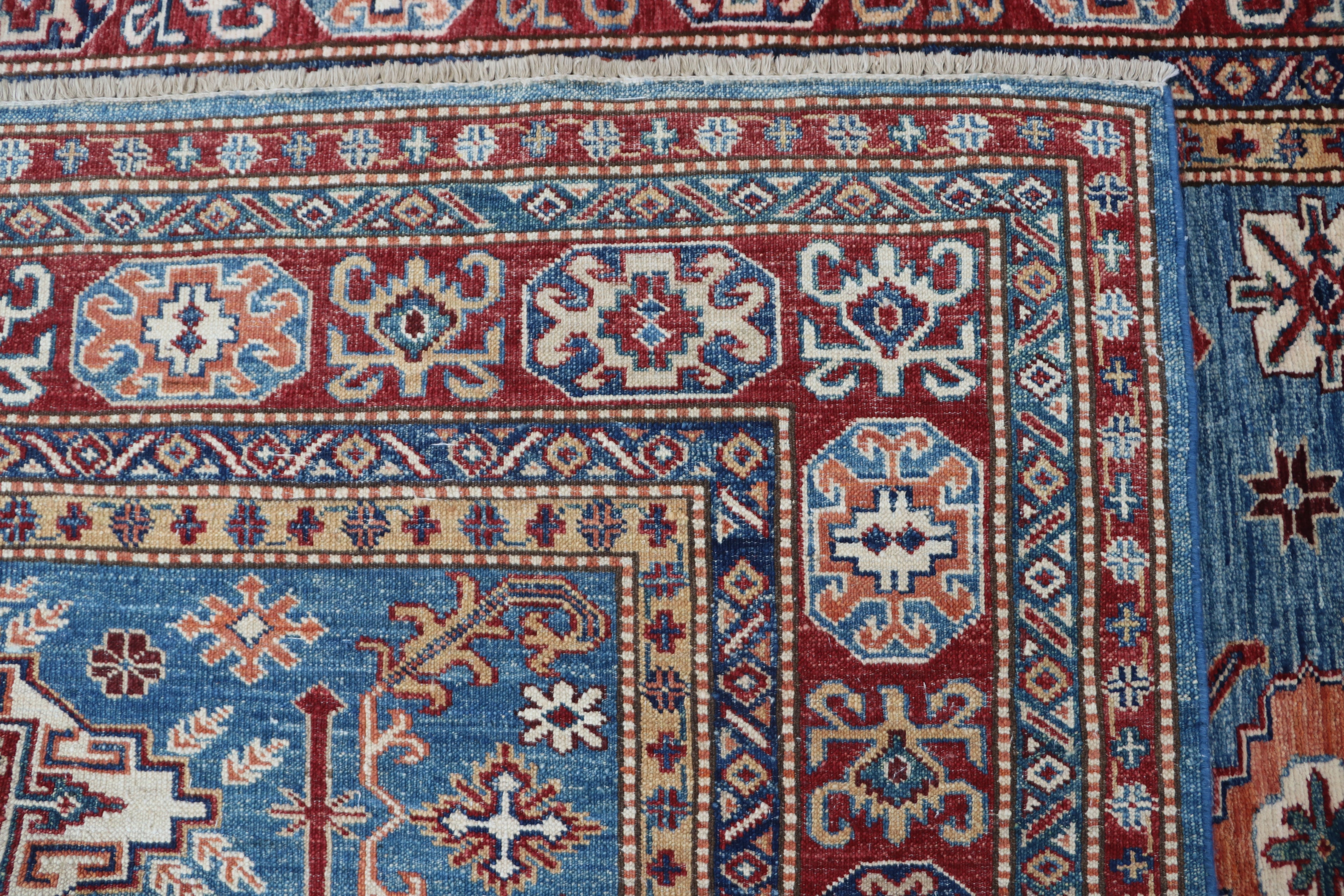 5x6 Blue & Red Super Kazak Geometric Handmade Cotton & Wool Rug | Premium Luxury Area Rug