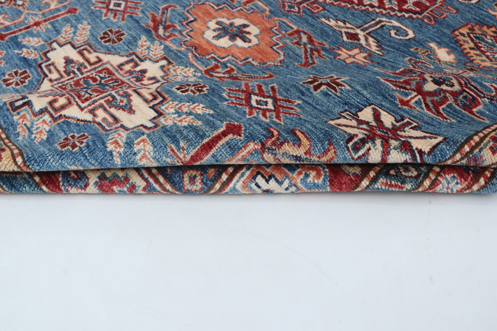 5x6 Blue & Red Super Kazak Geometric Handmade Cotton & Wool Rug | Premium Luxury Area Rug