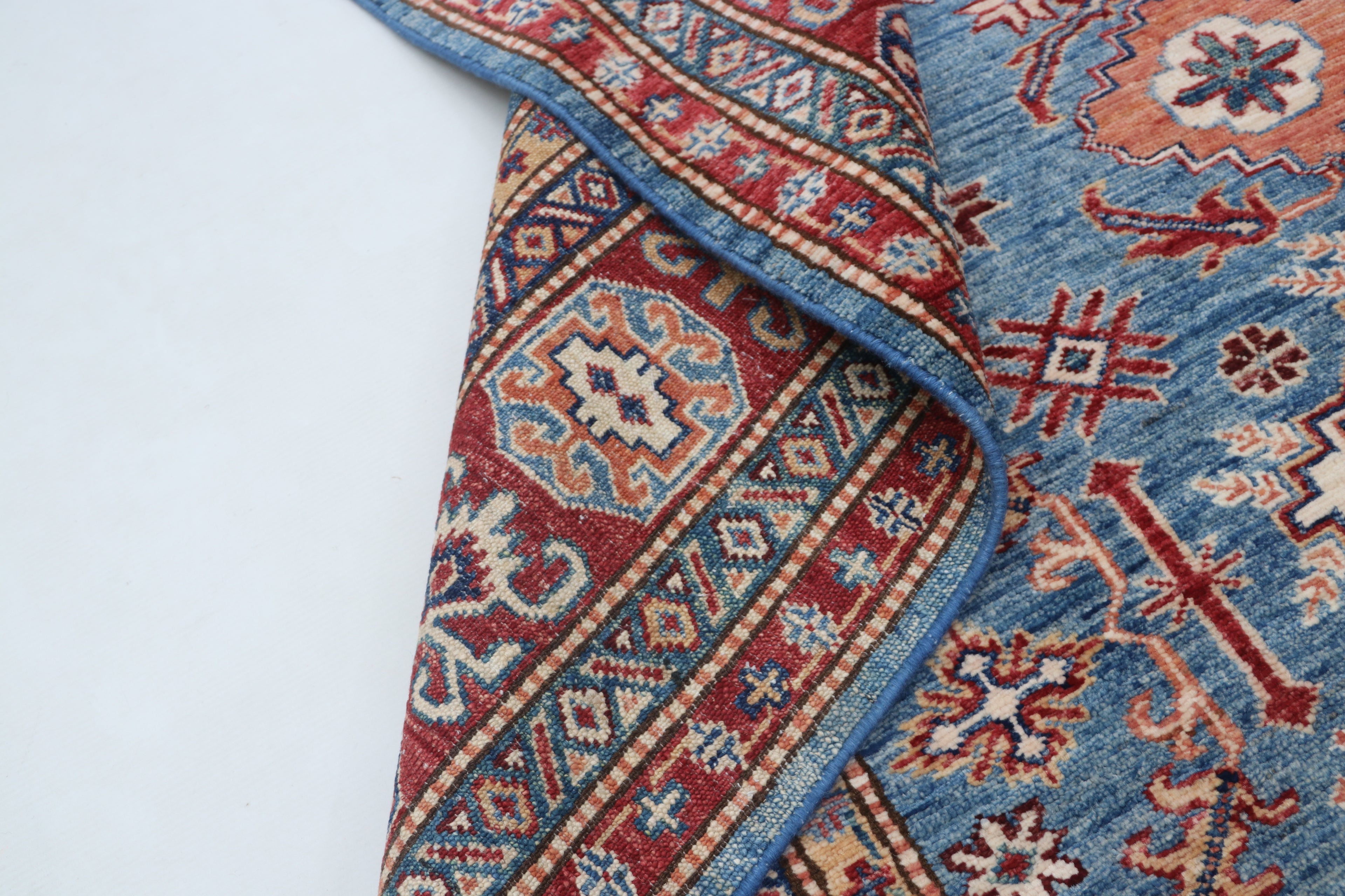 5x6 Blue & Red Super Kazak Geometric Handmade Cotton & Wool Rug | Premium Luxury Area Rug