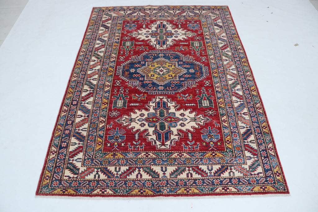 5x6 Beige & Red Super Kazak Geometric Handmade Cotton & Wool Rug | Premium Luxury Area Rug