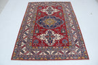5x6 Beige & Red Super Kazak Geometric Handmade Cotton & Wool Rug | Premium Luxury Area Rug